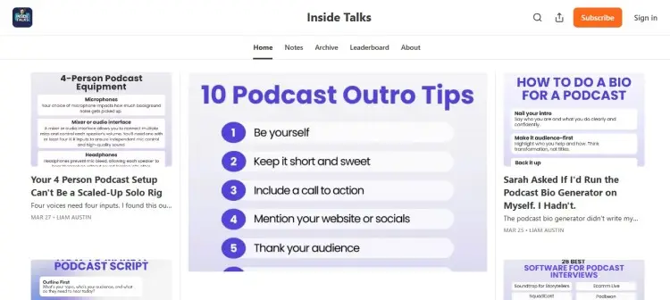 Inside Talks newsletter showing podcast tips and resources that help creators improve their shows, scripts, bios, and interviews.