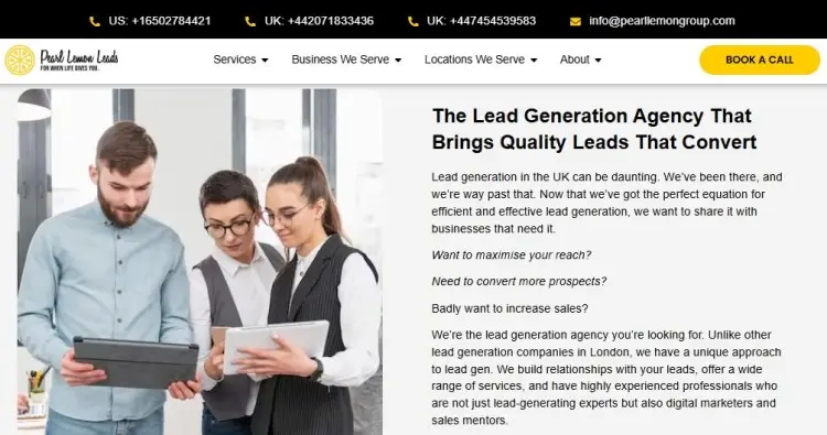 Lead generation agency website showing team reviewing data to attract potential clients and improve conversion results