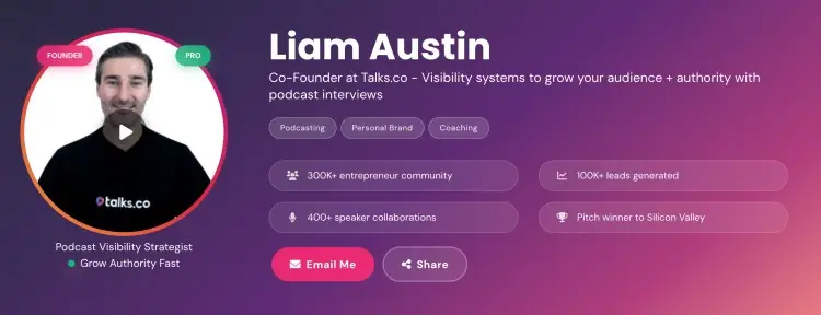 A speaker profile that focuses on credibility showing achievements, audience size, and authority indicators.