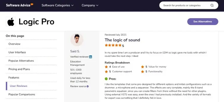 Review page showing Logic Pro popularity among music producers and audio creators