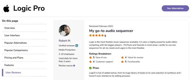 Logic Pro DAW review page highlighting audio sequencing features, ease of use, functionality, and music production capabilities.