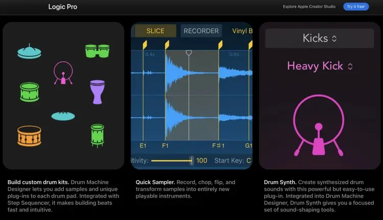 Logic Pro interface showcasing music production functionality including drum machine tools, sampler features, and drum synth controls.