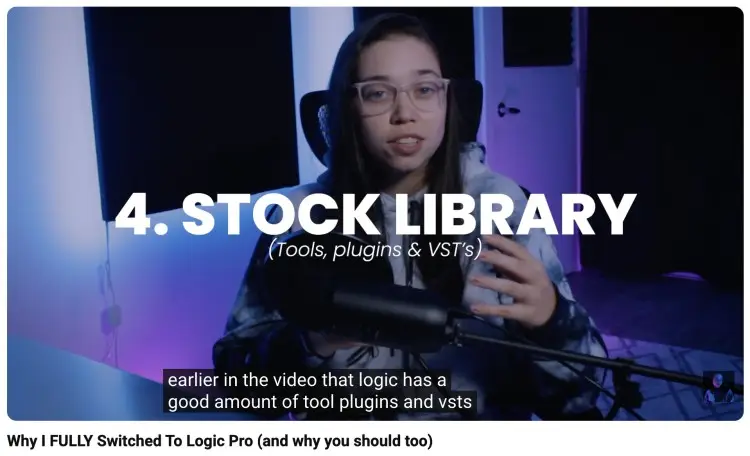 Content creator discussing Logic Pro plugins, stock library tools, VSTs, and music production workflow improvements.