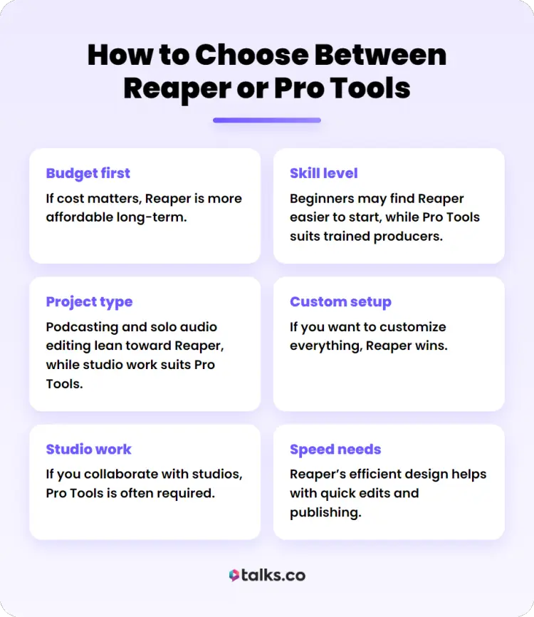 Comparison infographic outlining the main differences between Reaper and Pro Tools for workflow, studio work, and editing needs.
