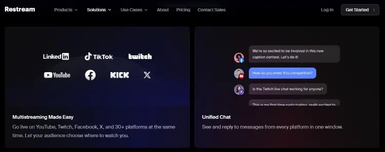 Restream platform showing multi streaming support across YouTube, Twitch, Facebook, Kick, and other platforms