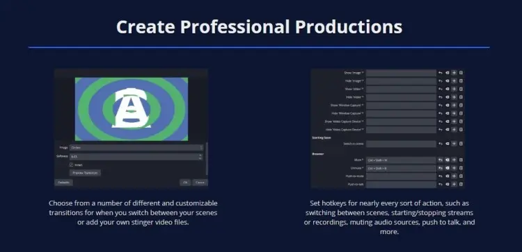 OBS production interface showing customizable setting controls for scene switching, transitions, audio management, and livestream production.