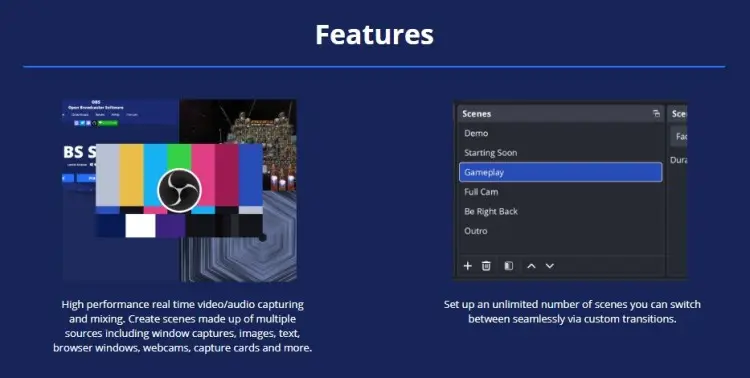 OBS streaming software features page showing scene switching, video capture tools, and live production controls.