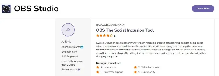 OBS Studio review page discussing support, usability, and live broadcasting features