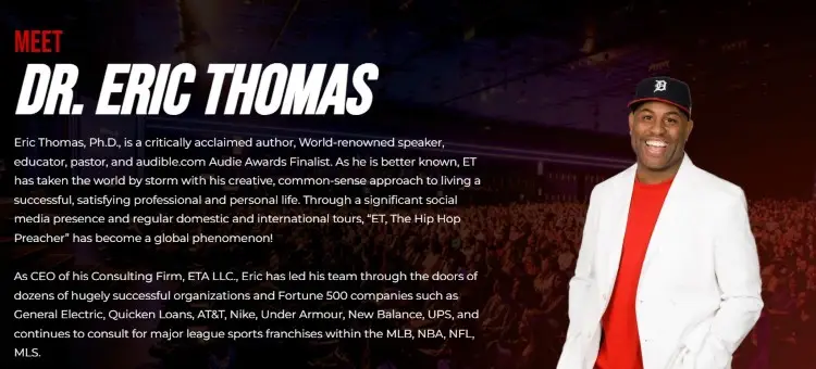Eric Thomas website featuring one of the best known motivational speakers and keynote presenters