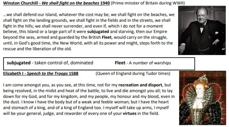 Historical speech examples from Winston Churchill and Queen Elizabeth I showing how leaders use language to persuade and inspire audiences.