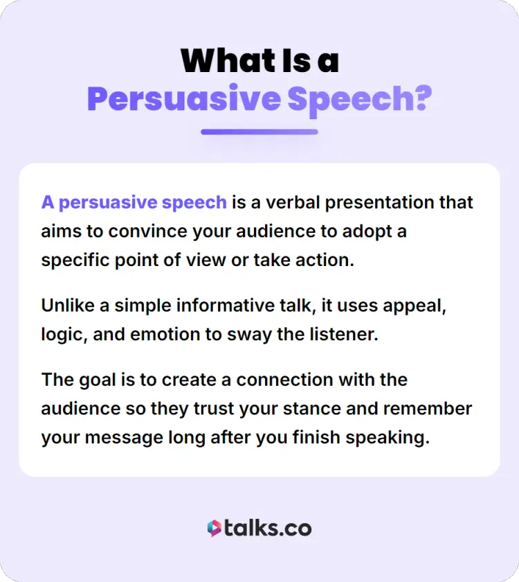 Infographic providing a persuasive speech definition and explaining how persuasive speaking uses logic, emotion, and audience connection.