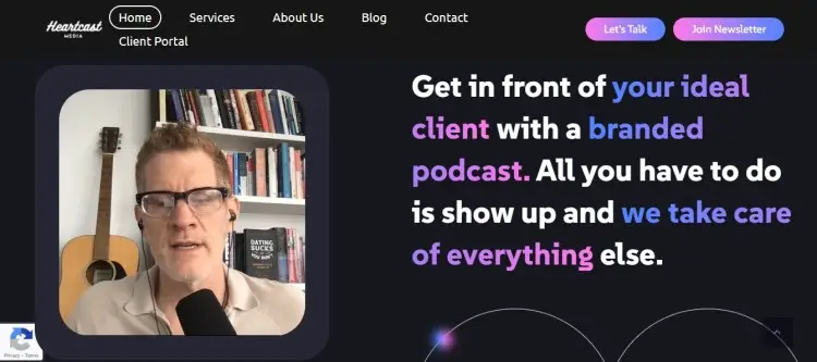 Landing page showing a podcast booking platform helping users get in front of ideal clients through branded podcast appearances