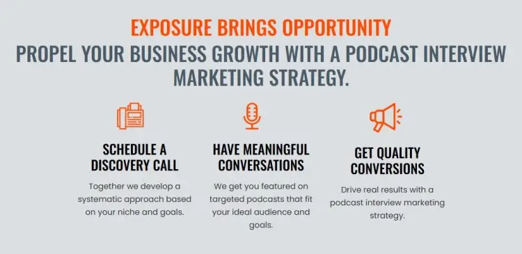 Marketing graphic explaining how podcast exposure helps businesses grow through interviews, conversations, and quality lead generation.