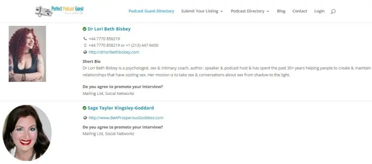 Podcast guest directory showing profiles of expert speakers and the kind of guests available for interviews and collaborations