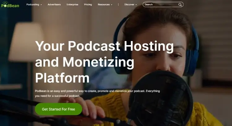 Podbean podcast hosting platform homepage promoting podcast creation, monetization, and distribution
