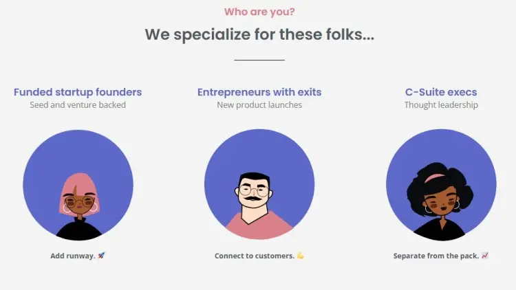Illustrated graphic showing a podcast marketing offer designed for startup founders, entrepreneurs, and C-suite executives.
