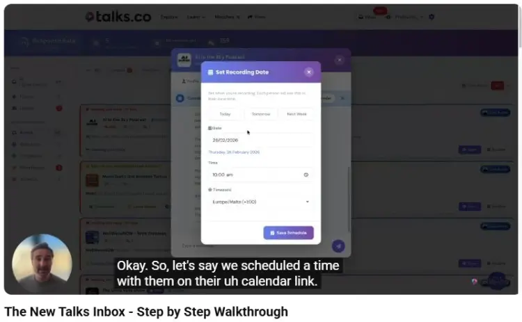Video walkthrough of a podcast matching service inbox showing scheduling and communication tools for podcast hosts and guests.