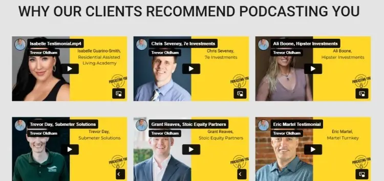 Client testimonial videos showing how podcast booking services of Podcasting You work and helped professionals gain visibility, authority, and podcast interview opportunities.