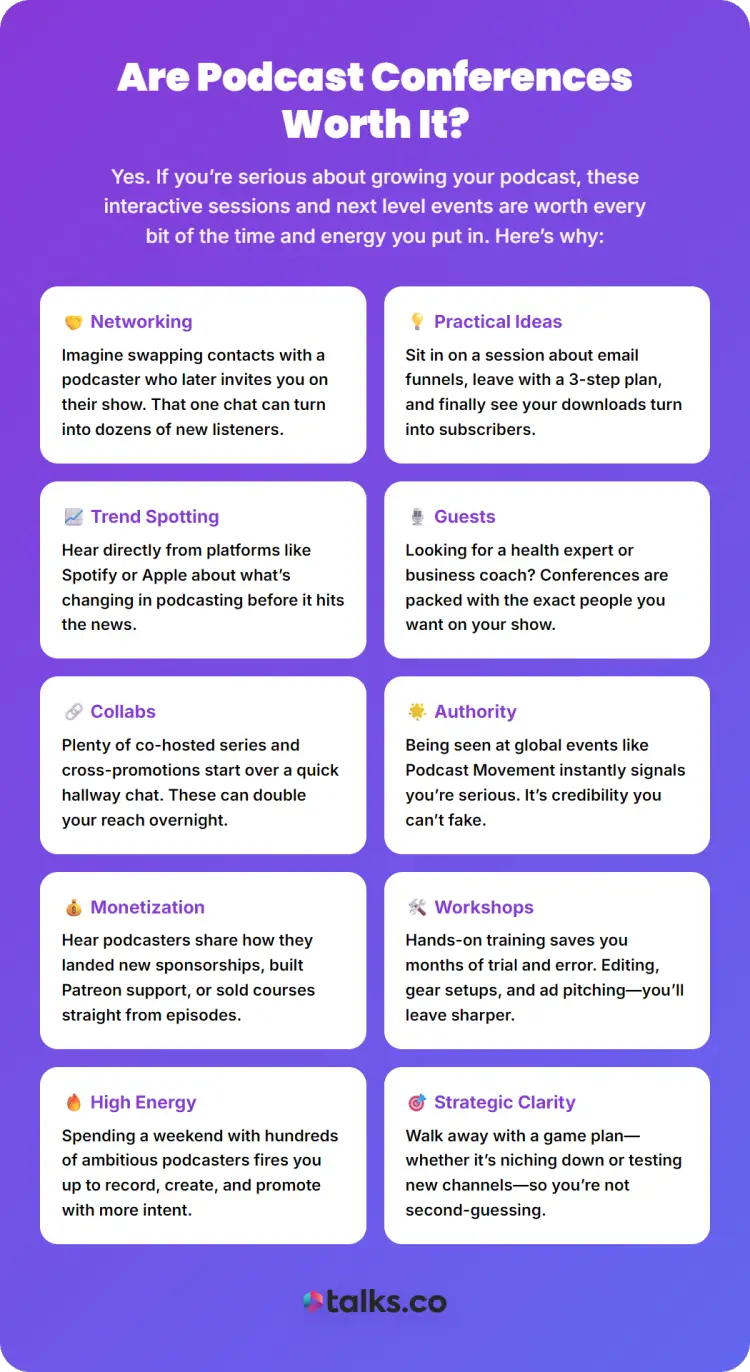 Podcaster conference benefits infographic showing networking, monetization, workshops, collaborations, and strategic growth opportunities.