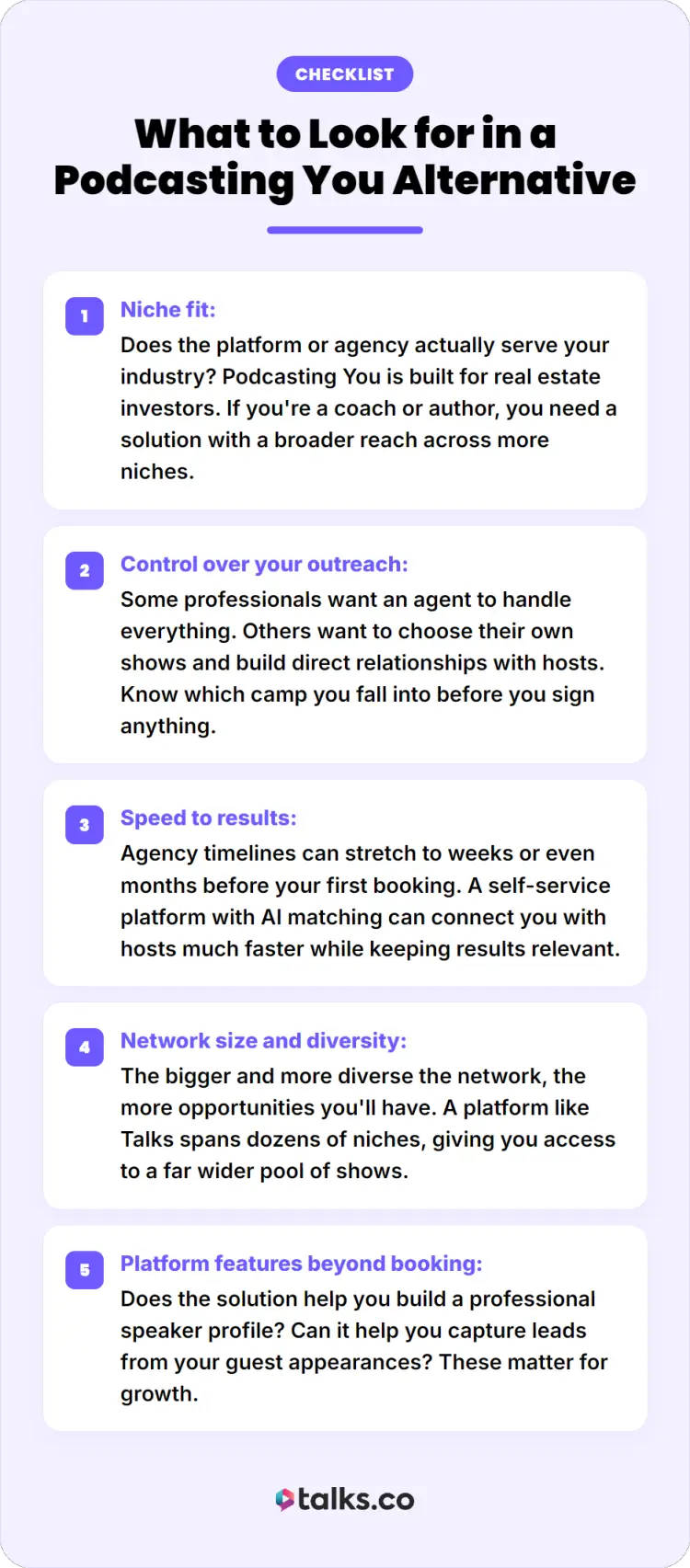 Checklist infographic explaining what to look for in a podcasting platform alternative, including niche fit, outreach control, speed, and network size.