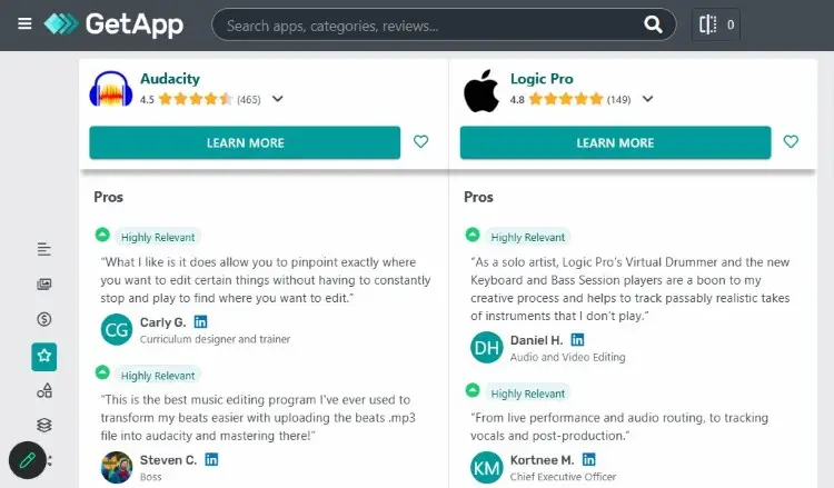 Software comparison page showing user reviews and pros for Audacity and Logic Pro