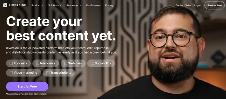 Homepage screenshot of Riverside, a popular podcast platform for recording, editing, transcribing, and creating podcast and video content.