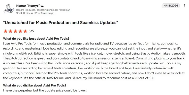 Customer review describing pro recording workflows and music production with Avid Pro Tools