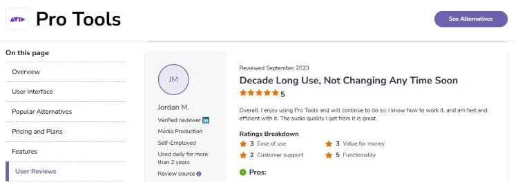 Pro Tools review page displaying user ratings and software features for media production