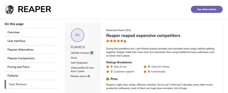 User review page for the Reaper DAW highlighting functionality, ease of use, pricing, and comparisons with other music production software.