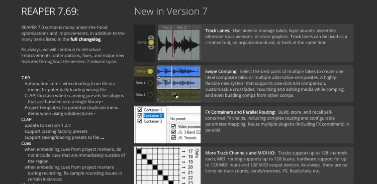 Screenshot highlighting new REAPER DAW functionality features including track lanes, swipe comping, routing improvements, and audio workflow tools.