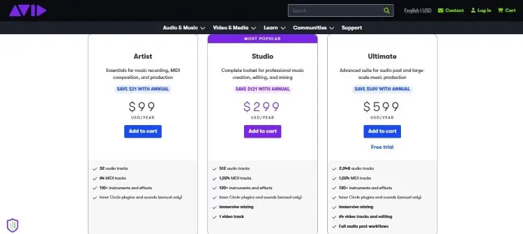Avid pricing page showing a range of features across Artist, Studio, and Ultimate music production plans