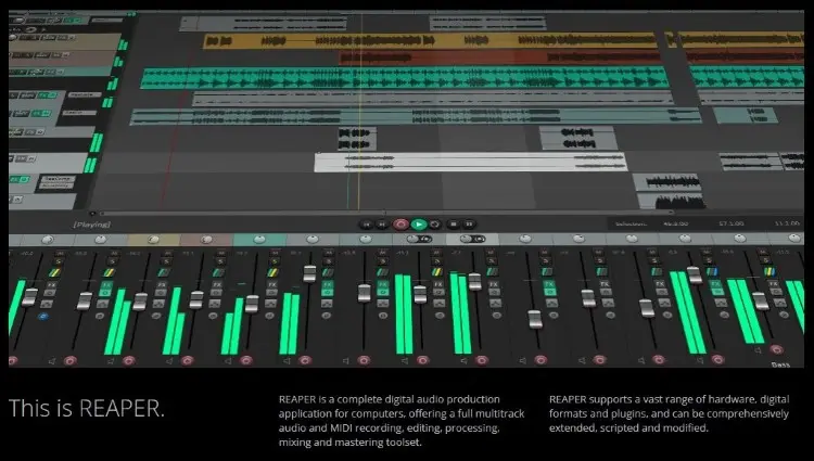 REAPER digital audio workstation showing multitrack editing and mixing controls