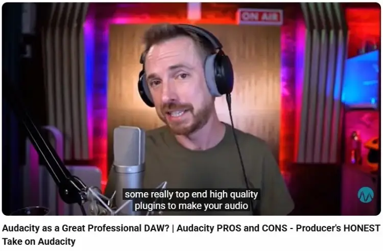 YouTube review discussing Audacity as a professional DAW for recorded performances and audio production