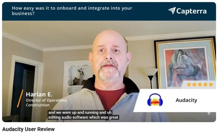 Customer review discussing recording audio with Audacity for editing and production work