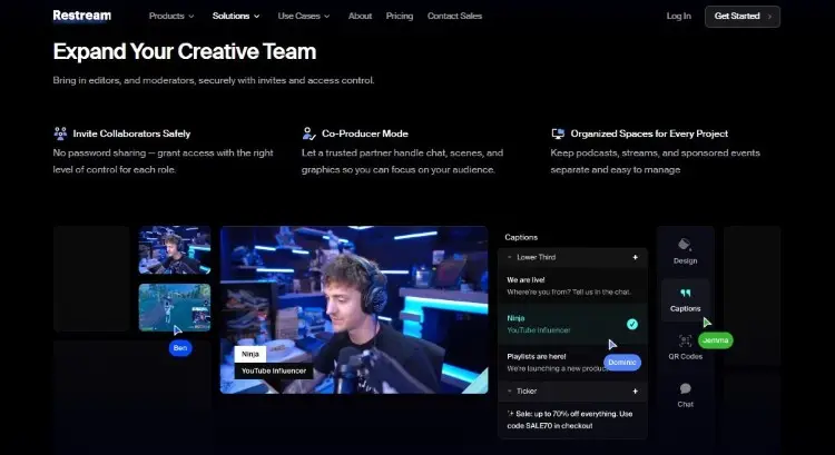 Restream integration dashboard showing team collaboration, captions, and streaming management tools
