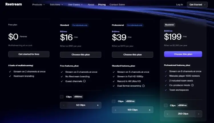 Restream pricing page displaying free and premium multistreaming subscription plans