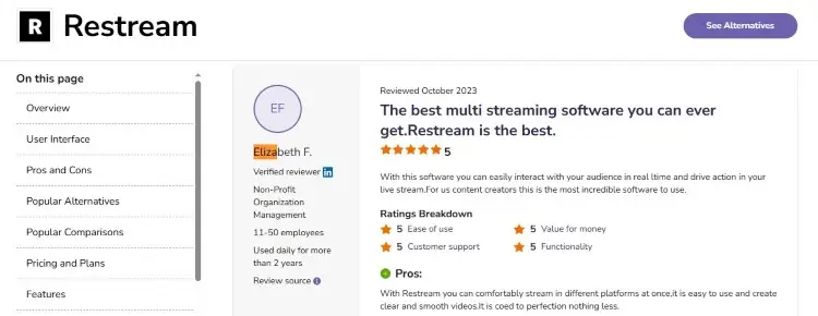 Restream review page explaining what Restream provides for live streaming and audience engagement