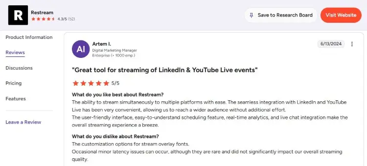 Restream user reviews discussing multistreaming, analytics, and live chat tools