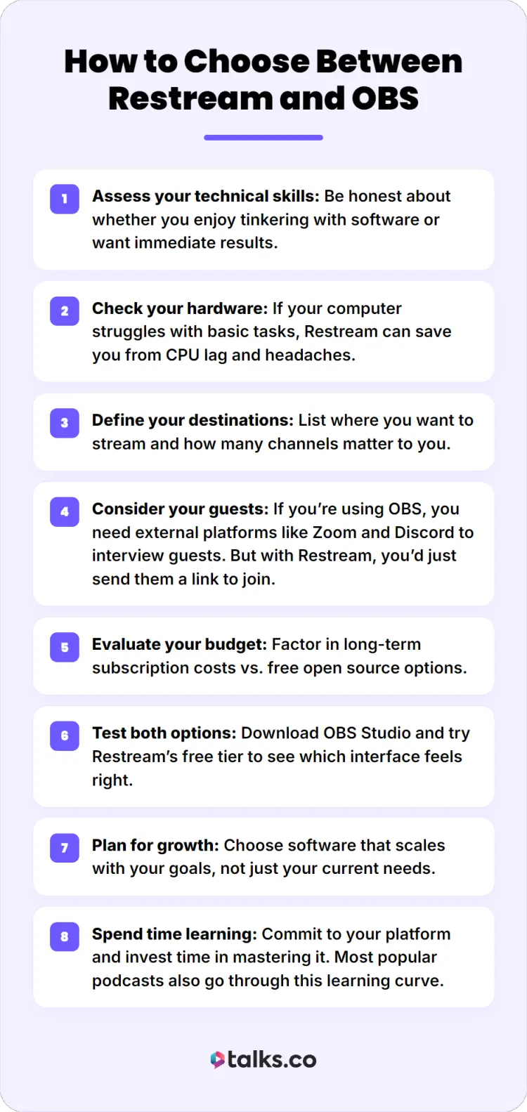 Infographic explaining how to choose between Restream and OBS for screen sharing and live streaming