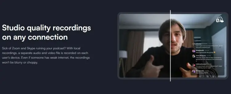 Video recording platform showing high-quality local recording features for livestream and podcast stream production.
