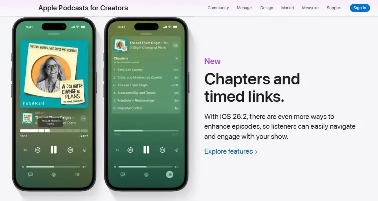 Apple Podcasts for Creators page showing chapters and timed links for a podcast to Apple Podcasts submission