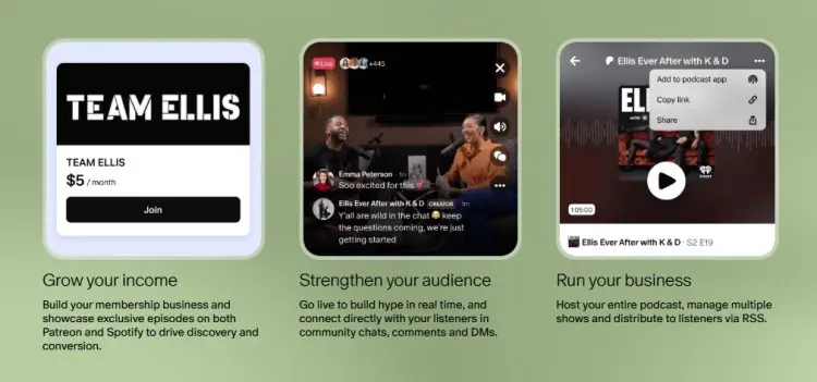 Thrive on Patreon example showing creator tools for podcast memberships, audience engagement, and managing exclusive episodes.