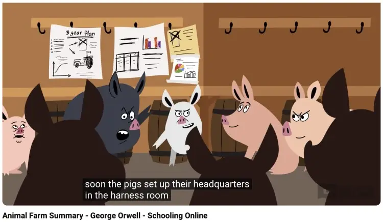 Using ethos in Animal Farm example showing pigs establishing authority and credibility among other animals in a leadership scene.