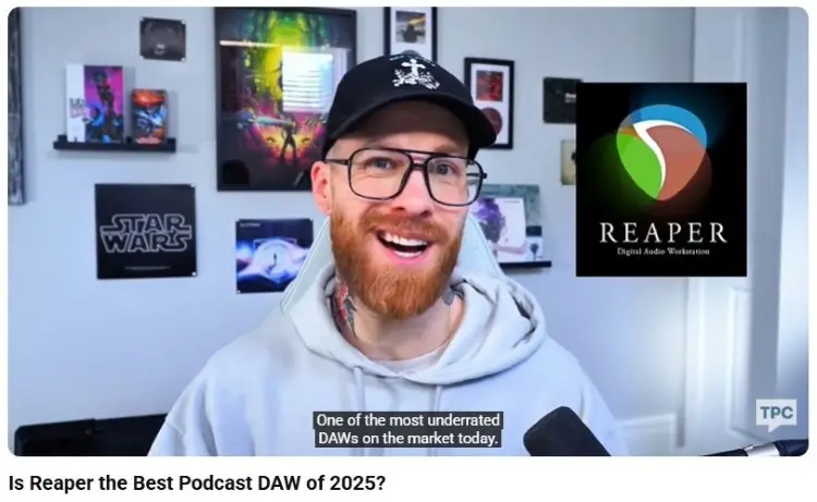 YouTube creator discussing using Reaper for podcast editing and audio production