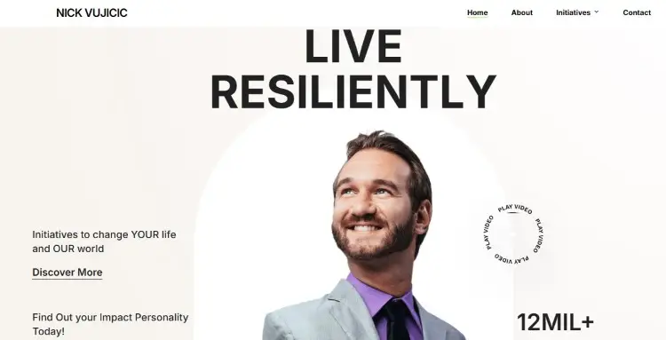 Nick Vujicic homepage design where the website reflects resilience, inspiration, and personal storytelling
