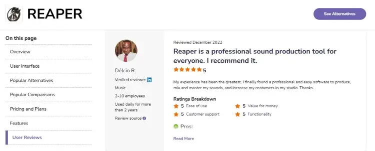 REAPER software review page highlighting ratings and professional sound production features