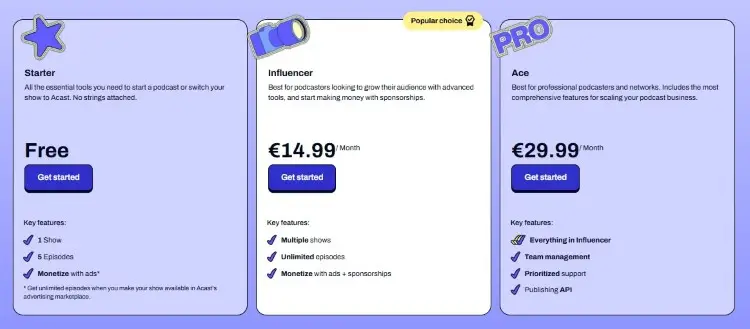 Acast pricing page showing subscription plans designed for podcast creators