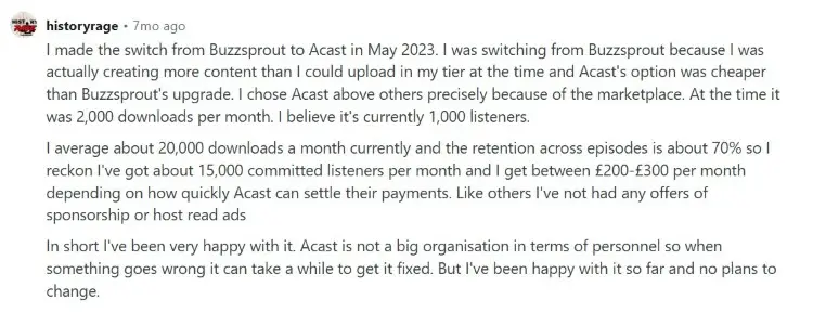 User review discussing an experience switching podcast hosting platforms and audience growth