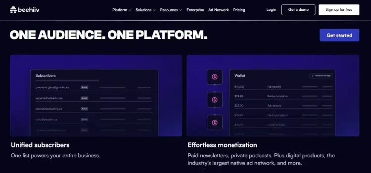 Beehiiv dashboard showing subscriber management and monetization features that Beehiiv allows creators to manage in one place