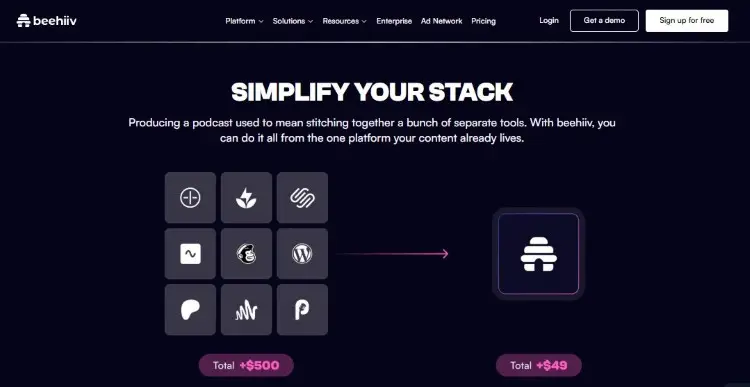Beehiiv dashboard showing how its ecosystem replaces multiple newsletter, podcast, and creator tools in one platform